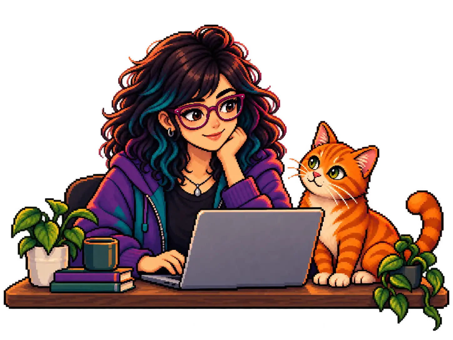 Ritratto in pixel art di Chiara al computer con il suo gatto arancione accanto.