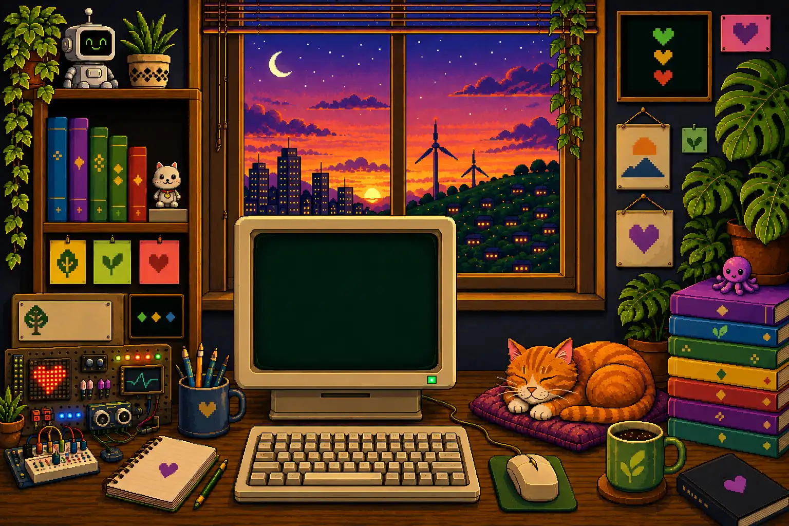 Stanza in pixel art con scrivania, computer, piante e oggetti che raccontano le versioni precedenti del sito.